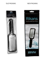 Rikans pedicure rasp demonstrating the large lightweight exfoliating metal surface.