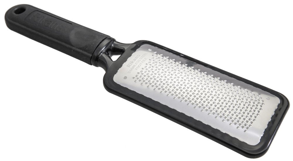 Rikans stainless steel foot scraper packaging detailing its wet and dry usage.