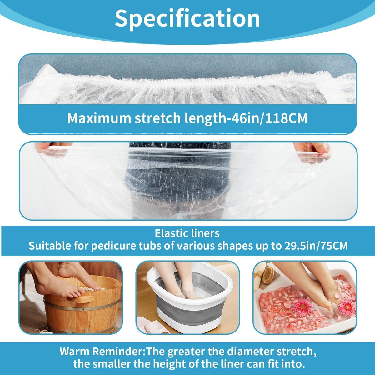 Disposable plastic foot bath basin liner showing elastic opening