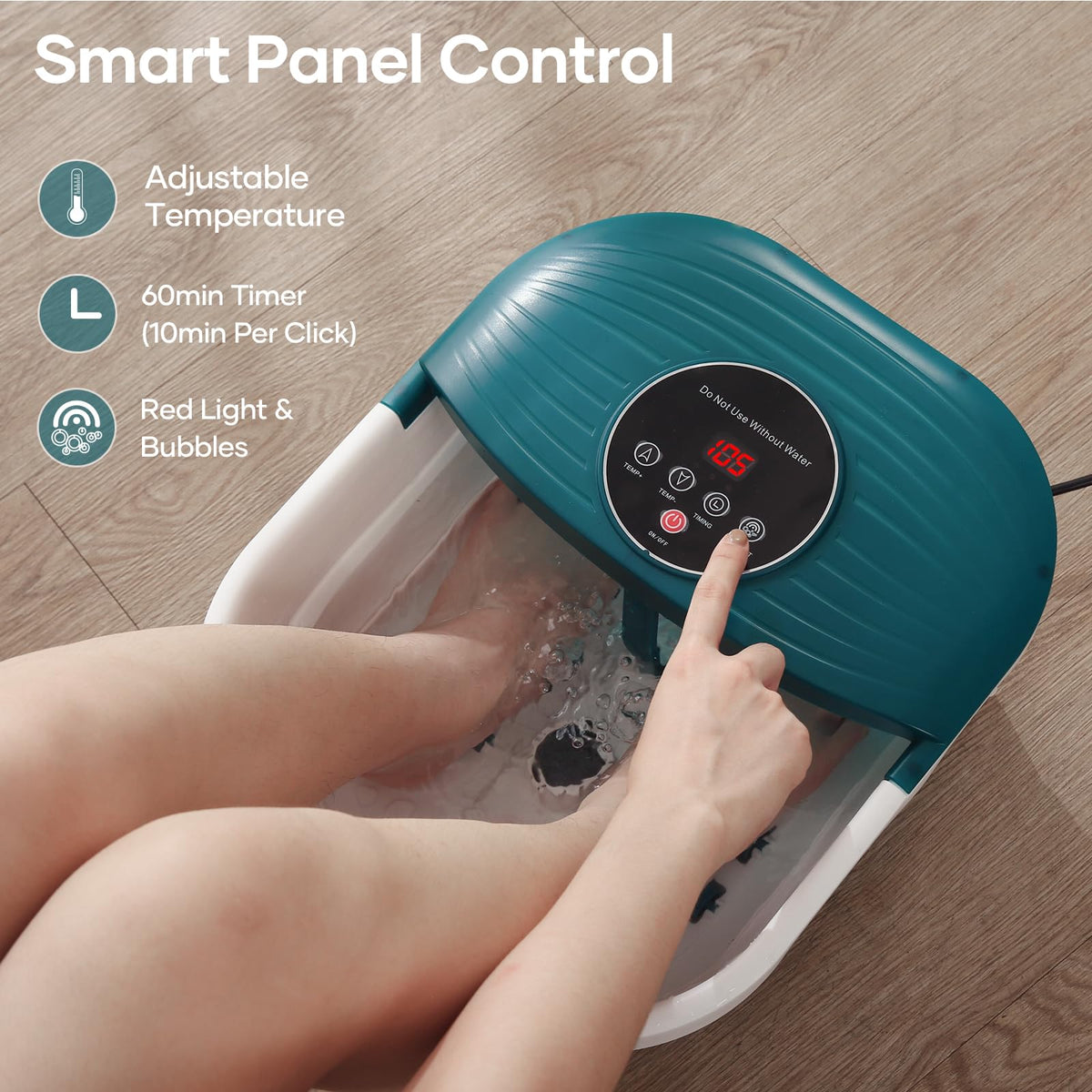 CureCure foot spa showing LED control panel settings