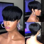 Close-up detail of the natural black color 1B texture and smoothness of the premium machine-made hair.