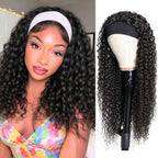 Natural black color curly headband half wig for women styled into a high ponytail look.