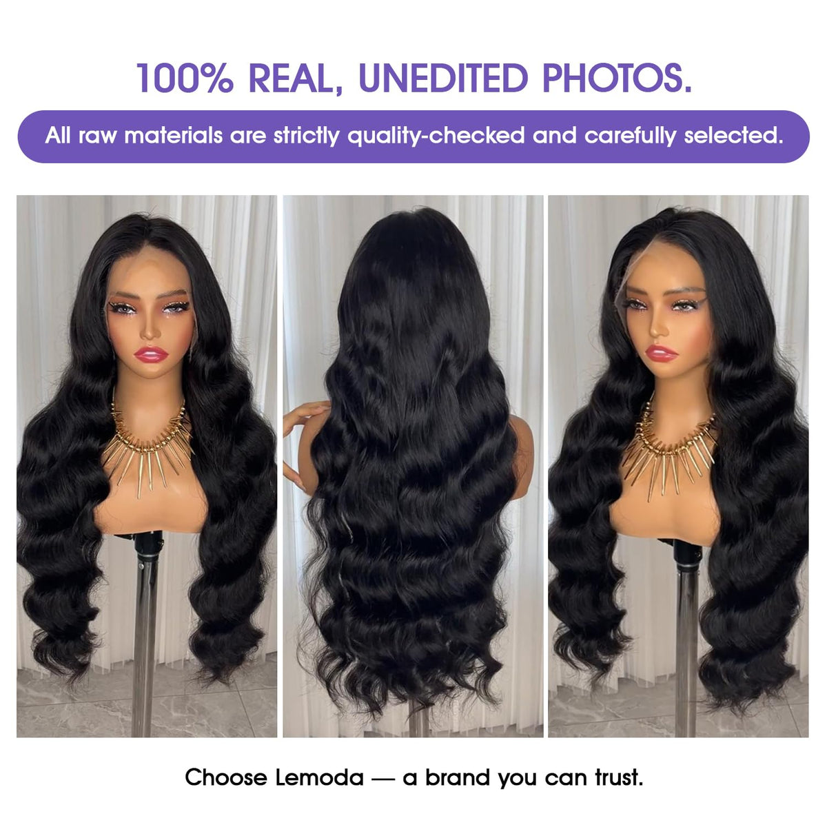 Close up of Lemoda HD transparent lace frontal material on a 26 inch virgin wig