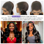 Side profile of 210 percent density body wave human hair wig highlighting volume and length