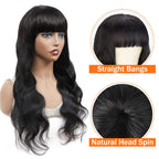 Side profile of Brazilian virgin hair wig with long wavy pattern and pre cut fringe
