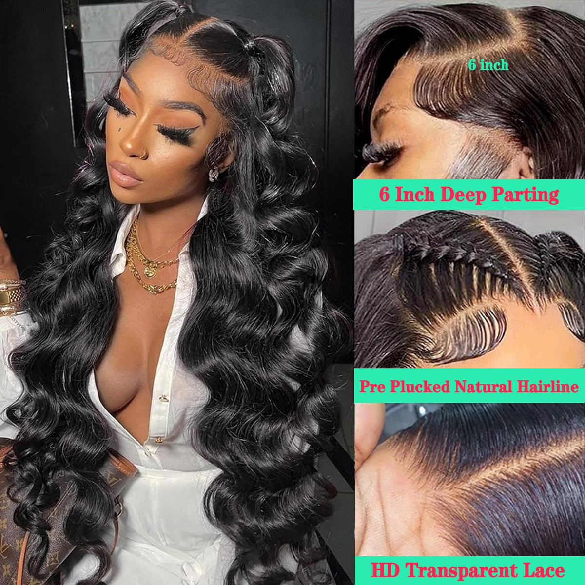 Back view of 26 inch premium human hair wig displaying rich 200 percent density waves