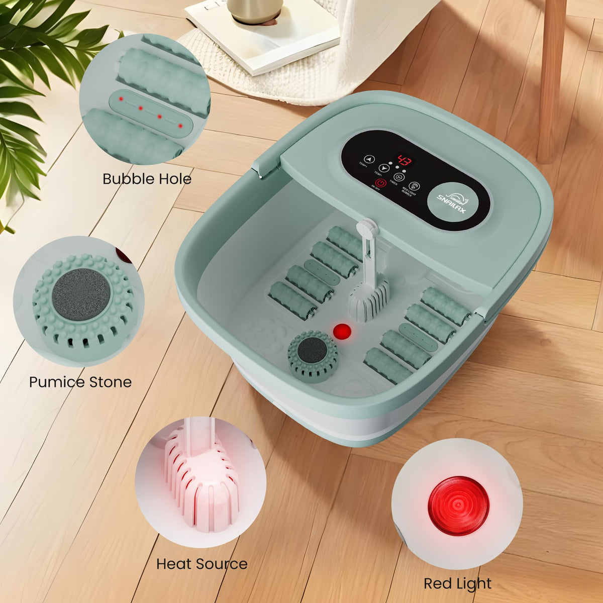 Side view of Snailax foot spa with carry handle