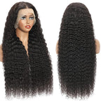 Flwing two hundred percent high density deep curly human hair unit highlighting full and healthy ends.
