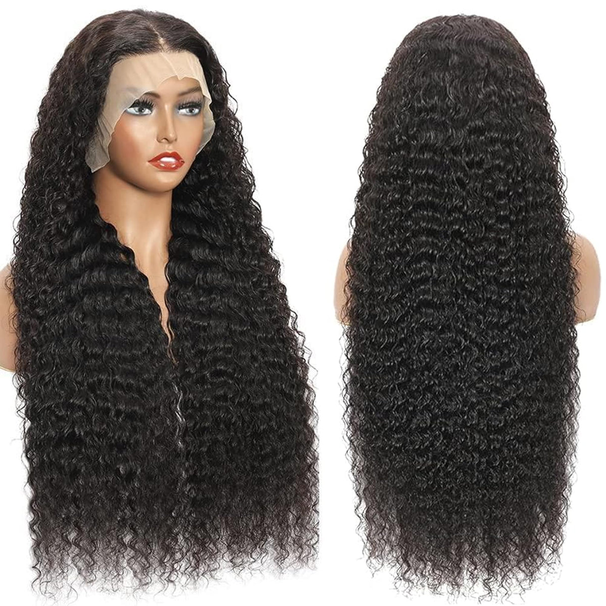 Flwing two hundred percent high density deep curly human hair unit highlighting full and healthy ends.
