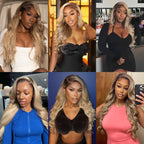 Side angle profile of 26 inch dimensional ash blonde hair with realistic dark ombre roots