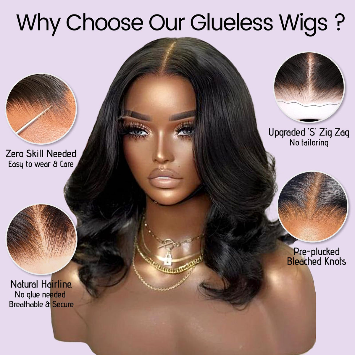 Uvvuvv human hair wig being worn glueless to demonstrate the seamless skin-like lace transition.