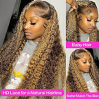 Side profile of Tylokra 200 percent density deep wave human hair wig with blonde highlights.