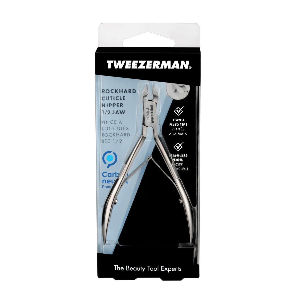 Precision tips of Tweezerman Rockhard stainless steel nipper