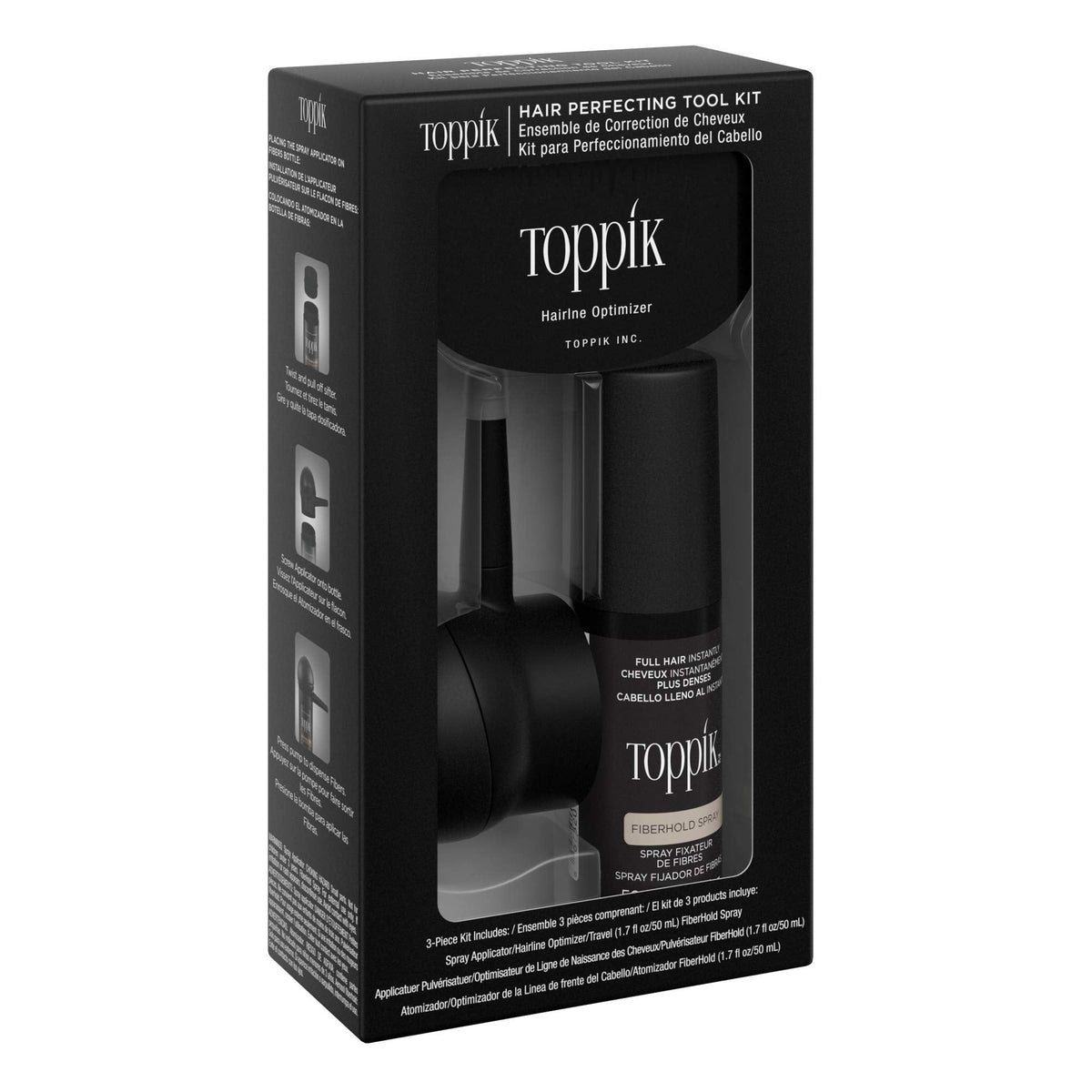 Toppik authentic USA imported hair fiber styling accessories laid out showing the fine teeth of the hairline optimizer