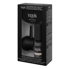 Toppik cosmetic hair building tool set packaging details and instructions for thickening fine hair lines seamlessly