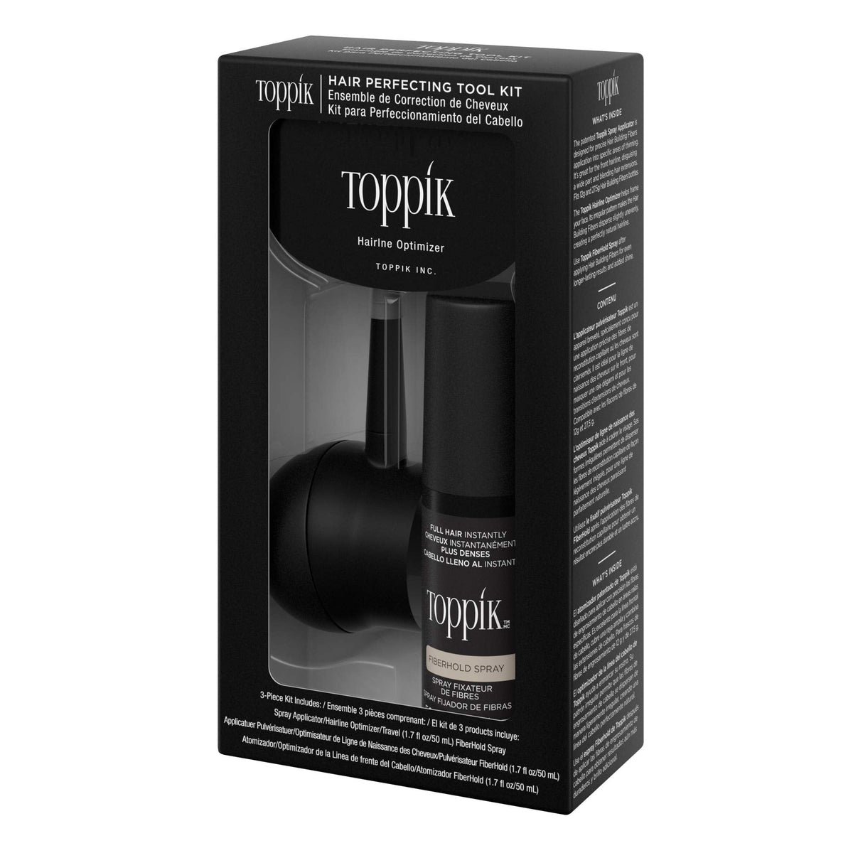 Toppik cosmetic hair building tool set packaging details and instructions for thickening fine hair lines seamlessly