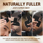 Grooming lineup tool being used with hair fibers for sharp barber style beard contouring