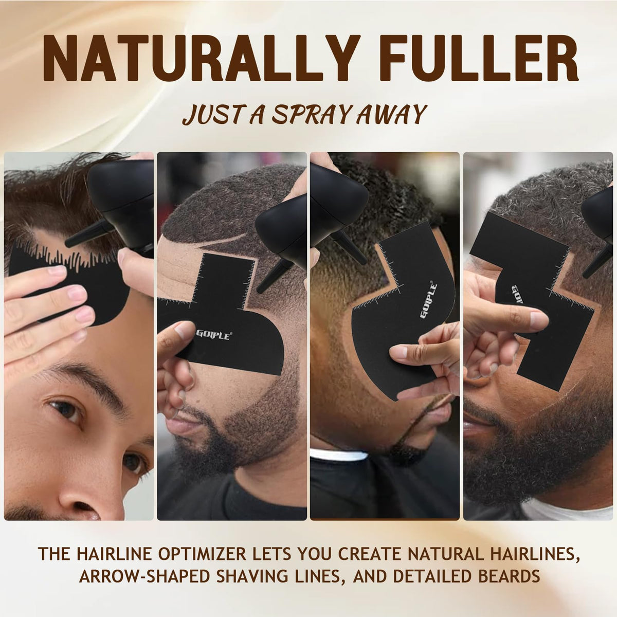 Grooming lineup tool being used with hair fibers for sharp barber style beard contouring