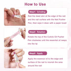 Close up view of the angled pink corundum ceramic tip of the nail care pen gently lifting dead skin cells