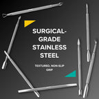 Dual-ended stainless steel cuticle pusher on white background