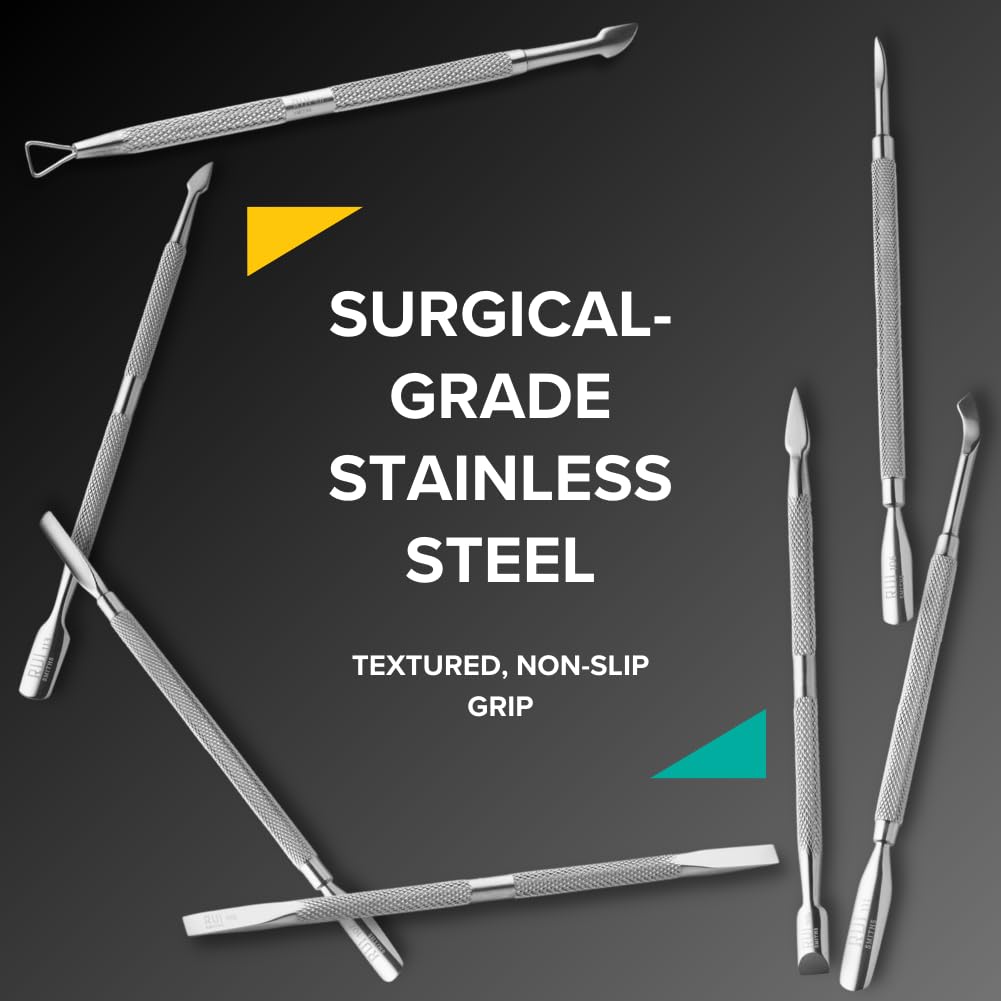 Dual-ended stainless steel cuticle pusher on white background