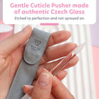 Close up of beveled end of glass cuticle pusher