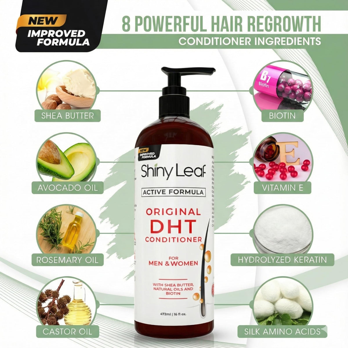 Side profile of Shiny Leaf 16 ounce conditioner bottle