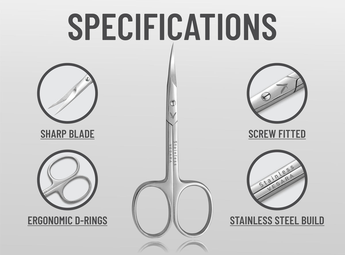 Vesara stainless steel beauty scissors highlighting the precision pointed tips for nail care