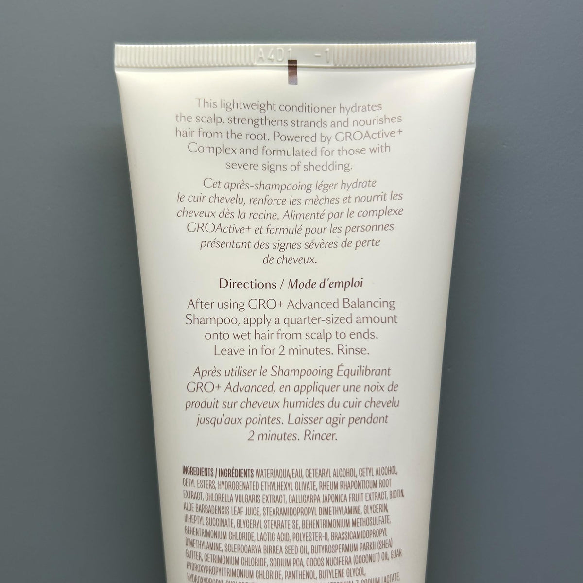 Back view of Vegamour Gro Plus Advanced Balancing Conditioner bottle