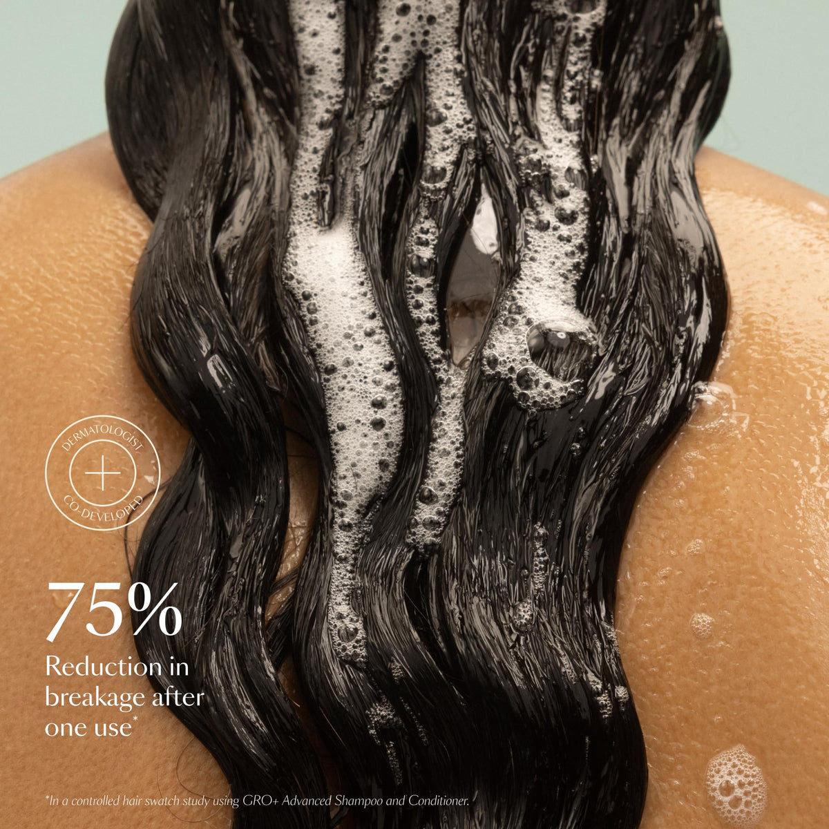 Close up of Vegamour Gro Plus Advanced Balancing Conditioner branding