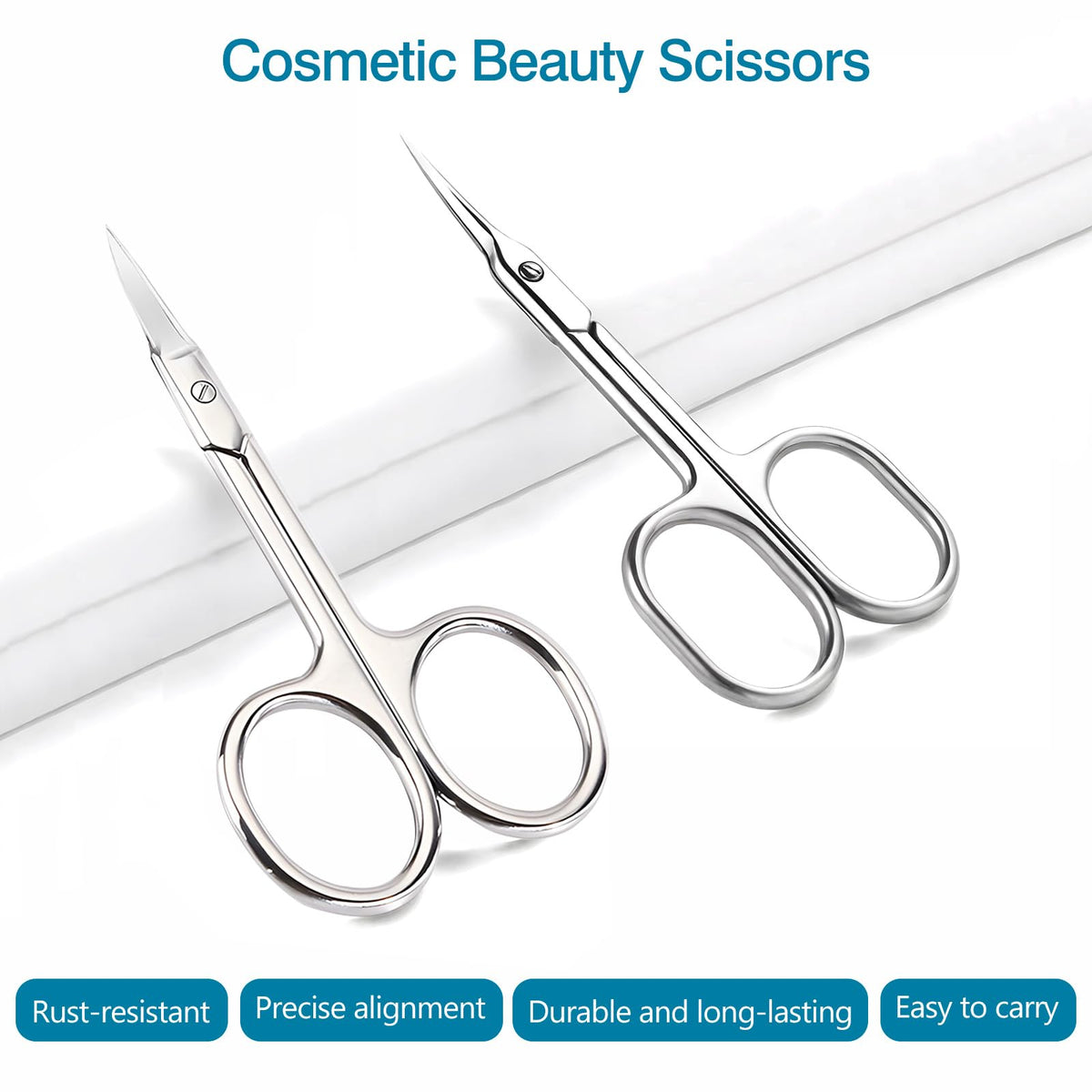 Close up view of the surgical grade stainless steel precise pointed tips on the manicure scissors.