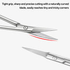 Close up view of the ultra sharp curved blade tip designed for precision cuticle trimming and detailed personal care.