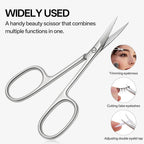 Multi purpose small facial hair scissors being held to demonstrate professional scaling and comfortable handling.