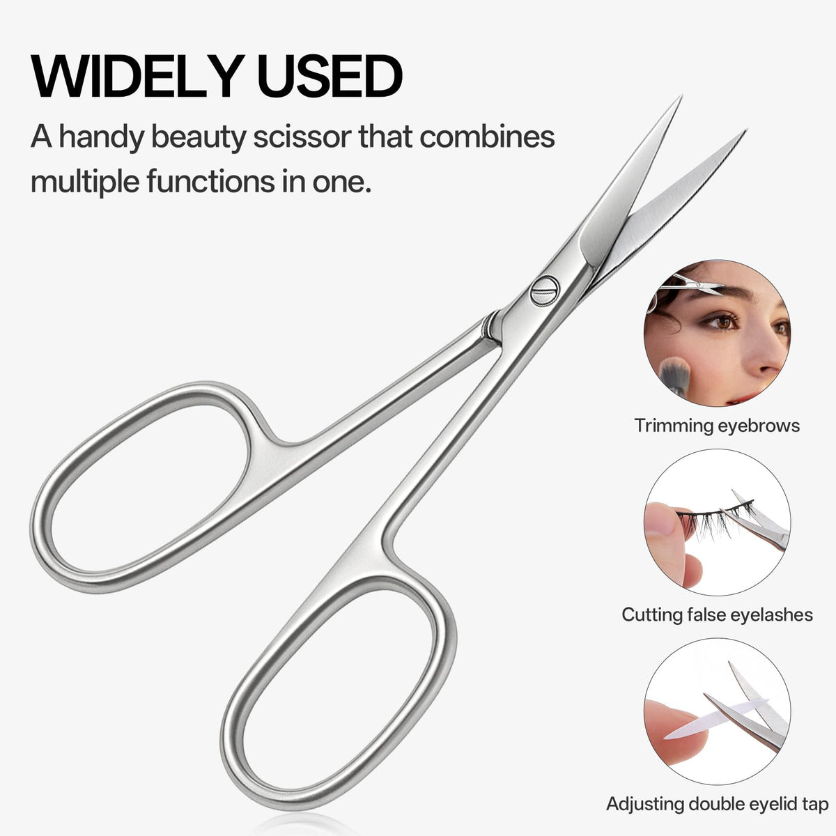 Multi purpose small facial hair scissors being held to demonstrate professional scaling and comfortable handling.