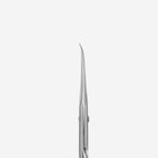 Close-up view of the laser-engraved Magnolia flower pattern on the short straight handles of the Staleks cuticle scissors.