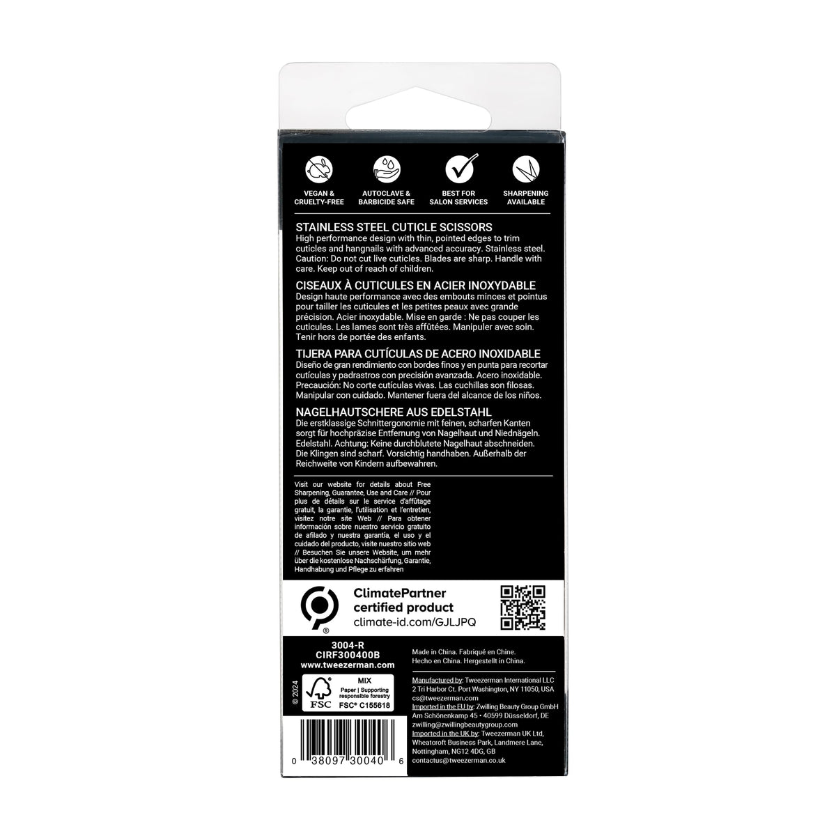 Complete packaging view of the imported Tweezerman professional grade personal care product.