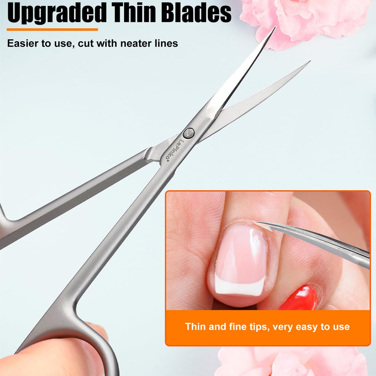 LePinko curved precision cuticle cutters held by a user demonstrating the ergonomic finger loops.