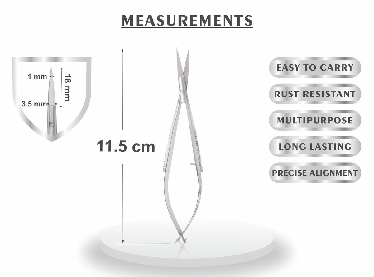 SILLVER professional spring action micro scissors positioned flat to show the compact lightweight profile.