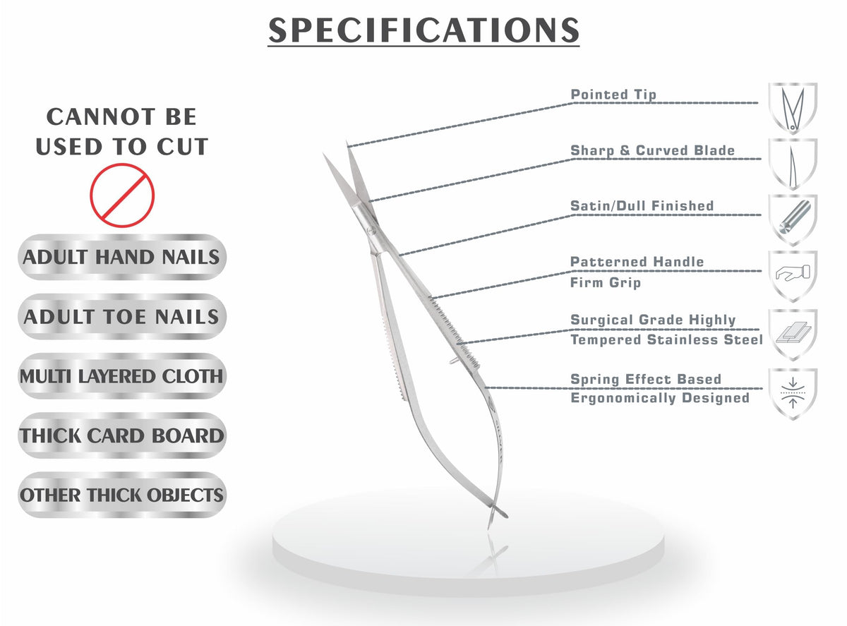 SILLVER surgical grade stainless steel cuticle scissors showcasing the micro serrated anti slip grip.