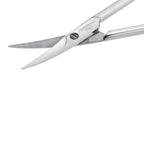 Close up angle of Tweezerman stainless steel cuticle nail scissors emphasizing the ultra fine sharp blades