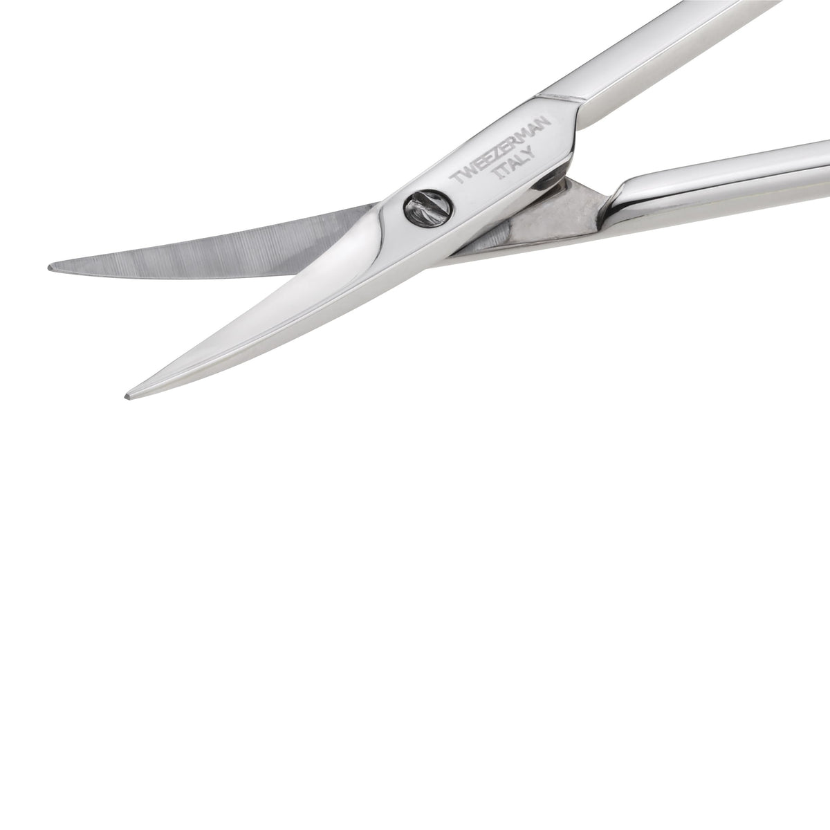 Close up angle of Tweezerman stainless steel cuticle nail scissors emphasizing the ultra fine sharp blades