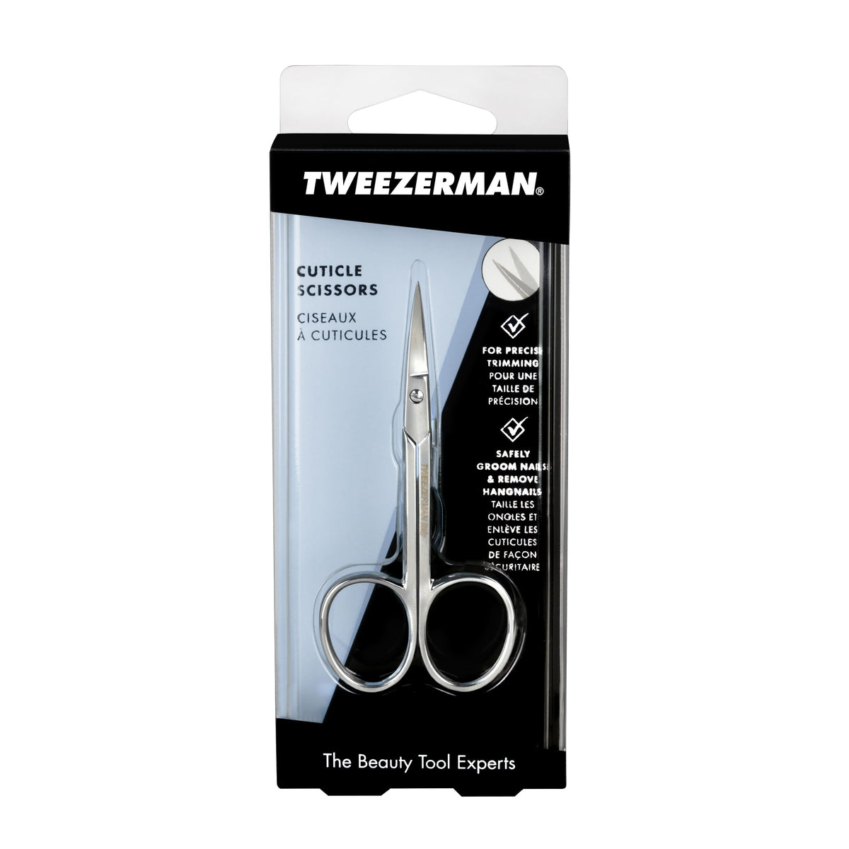 Authentic USA imported Tweezerman professional cuticle trimming scissors showcased on a clean background