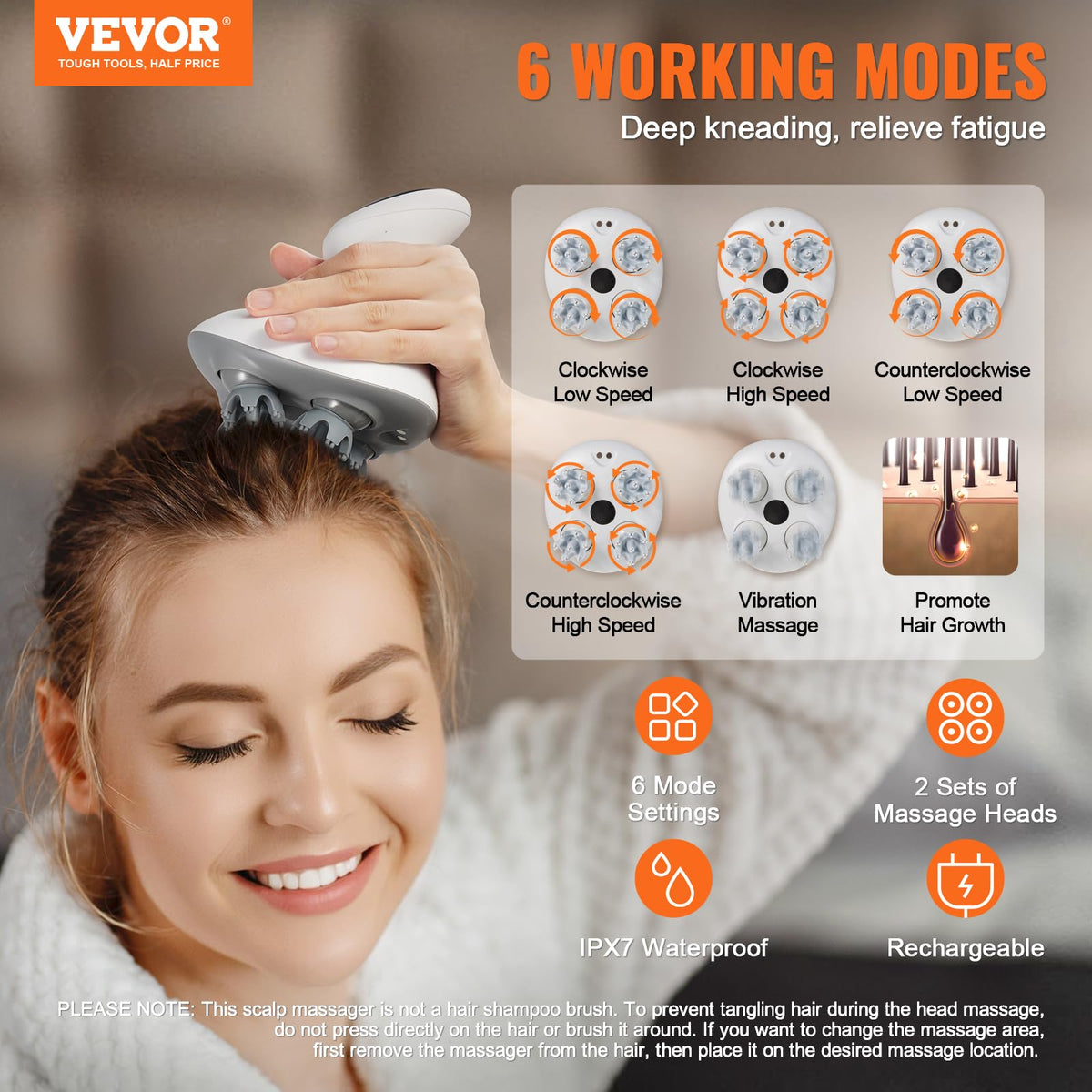 Vevor scalp massager showing 8 removable massage heads