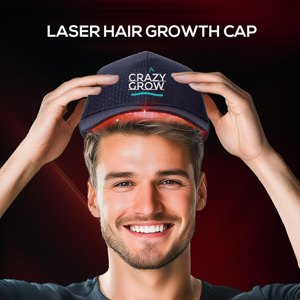 Model wearing Vicmama laser hair therapy cap