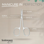 Close up of the hand sharpened curved tip on the marQus manicure scissors for precise cuticle trimming.