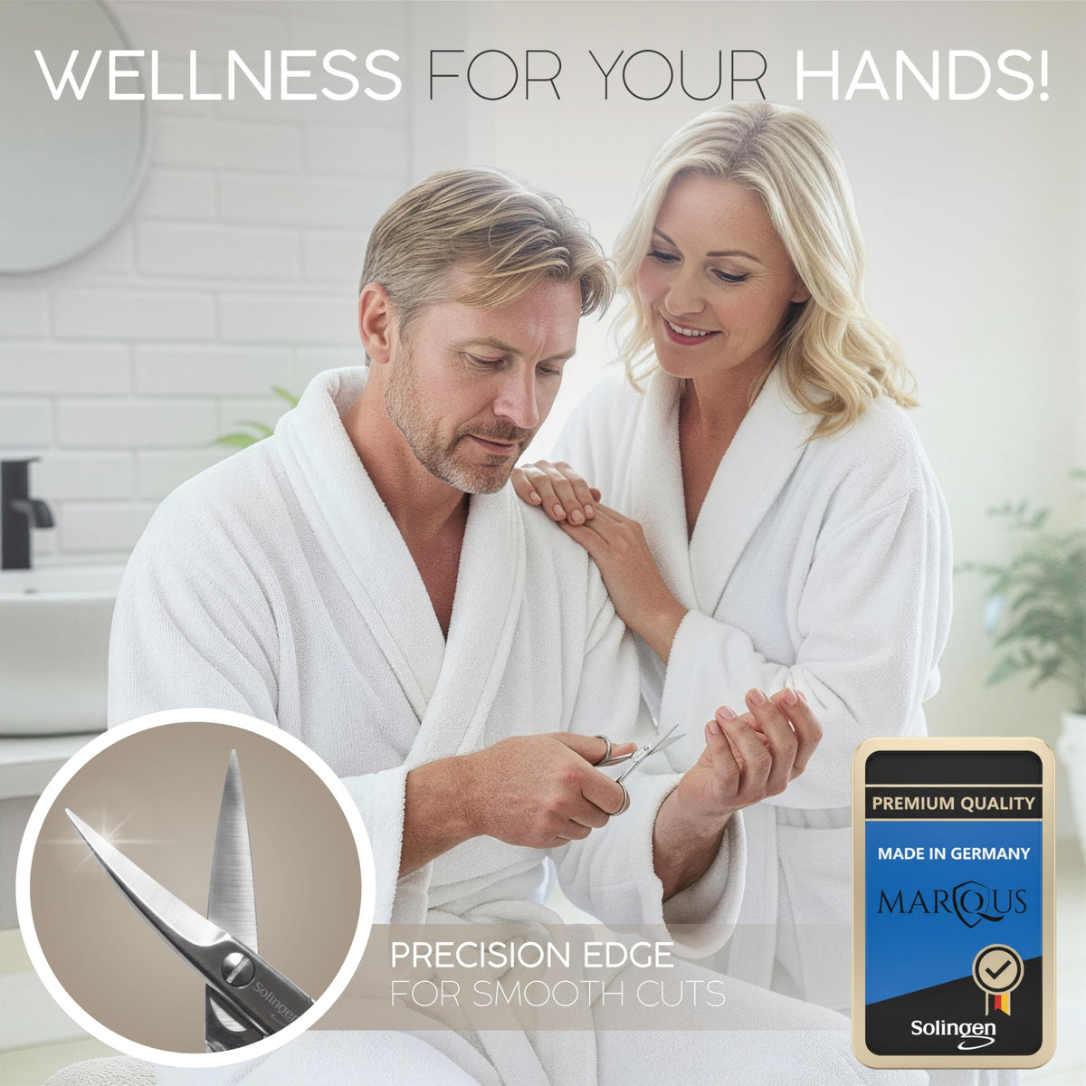 Professional manicure and pedicure scissors by marQus displayed inside the open brown imitation leather pouch.