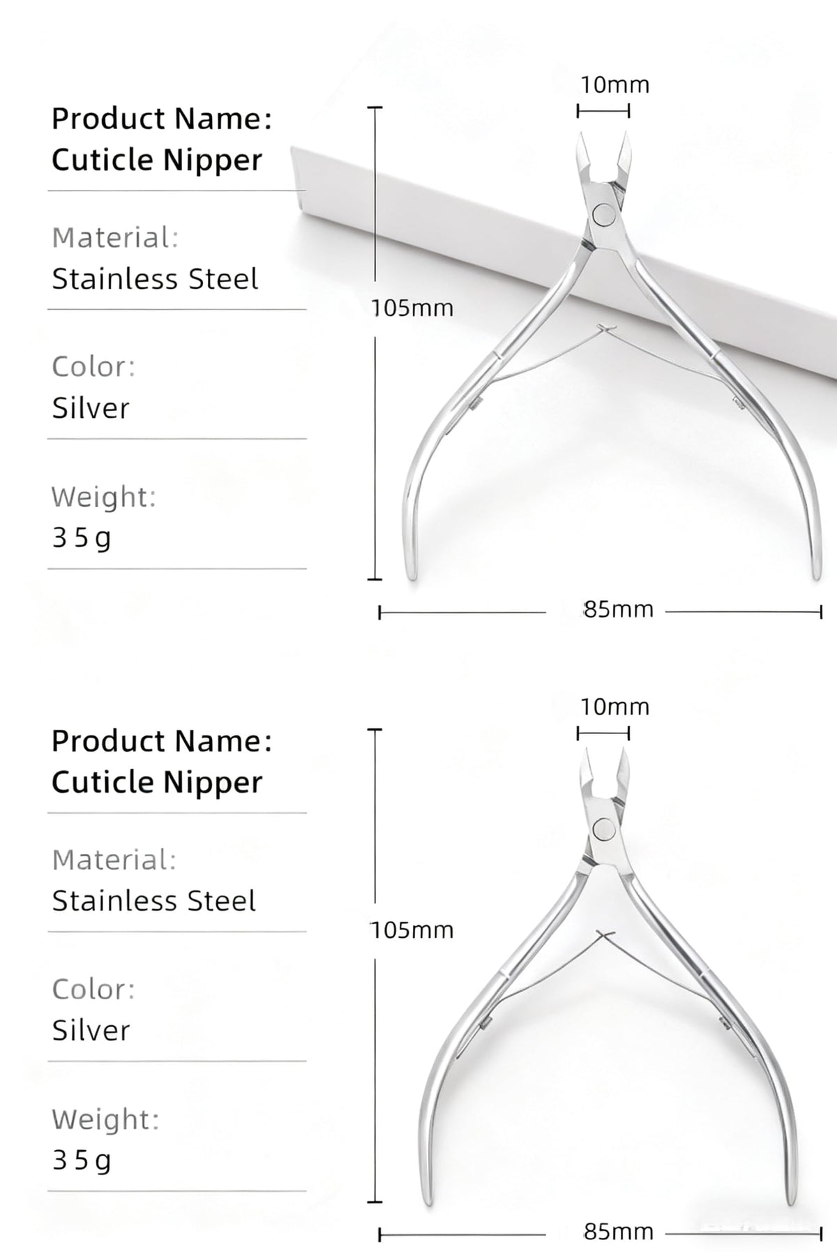 Durable silver cuticle clippers positioned safely on a clean salon workstation background.