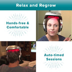 Person wearing IGrow laser therapy helmet at home