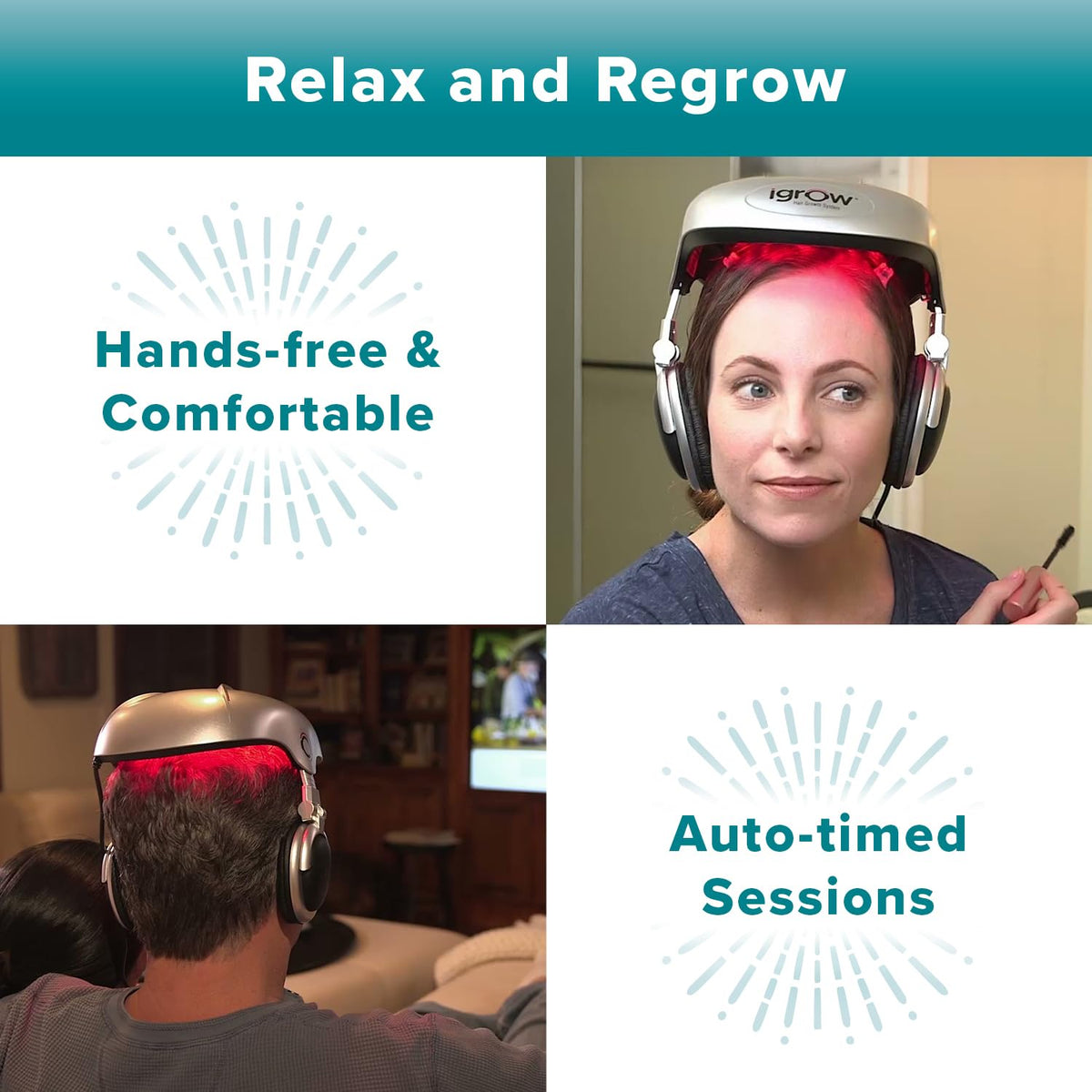 Person wearing IGrow laser therapy helmet at home