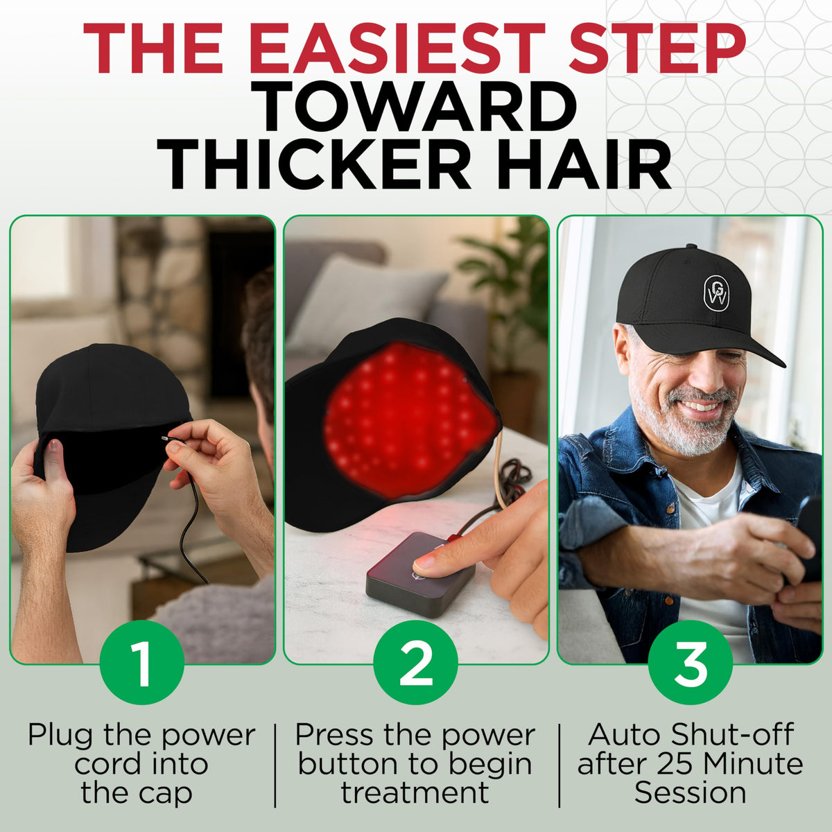 Person wearing GroWell red light therapy cap at home